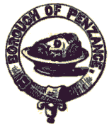 Arms of the Borough of Penzance - The head of St. John the Baptist in a dish surrounded by a belt and buckle inscribed 'Borough of Penzance'