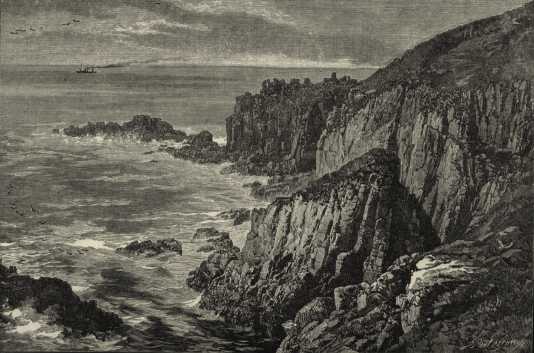 Sea with rocky cliffs on the right and a steamer towards the horizon