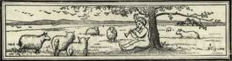 Sketch of sheep with a cherub sitting under a tree playing a pipe