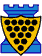blue castle with gold shield and 15 black besants imposed