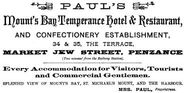 Advertisement for Paul’s Mount’s Bay Temperance Hotel, 1893