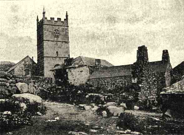 The church stands solid at the back, but in the foreground are the ruins of a house